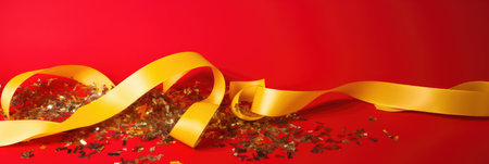 A bright yellow ribbon and lots of tiny pieces of confetti saturate the red background with fresh flowers and create a festive mood.の素材