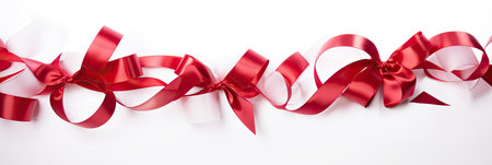 An image of a red silk ribbon on a pure white background, designed to add joy, brightness and festive mood to any celebration.の素材