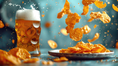 Amazing image: potato chips mystically float in the air next to a glass of fresh beer against a sky-blue hueの素材