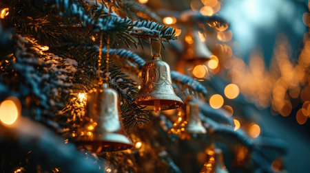A delightful image: golden bells and a bright garland turn an ordinary Christmas tree into a source of wonderful inspiration and joyful excitement.の素材