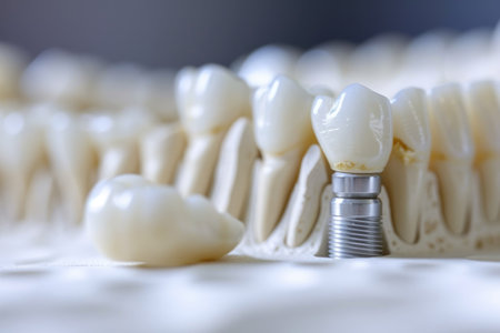 A mock-up of dental implants showcases advanced tooth restoration techniques that provide a strong attachment and a natural lookの素材