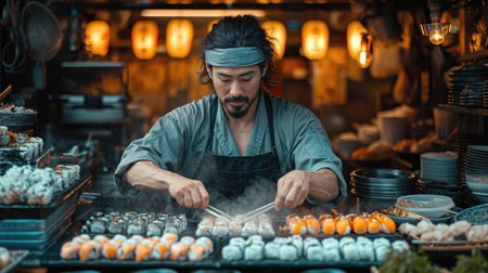 The skill of an Asian chef in the process of preparing fresh rolls and sushi. An incredible combination of flavors and a unique experience in each dish.の素材