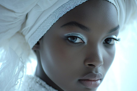 Beautiful african american woman in a white turban looking at the camera.の素材