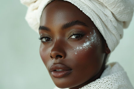 Beautiful african american woman in a white turban looking at the camera.の素材