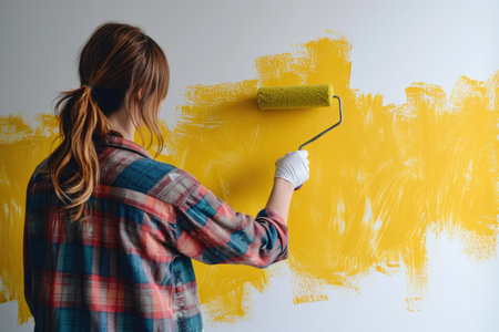 Painting the wall by a young woman with a paint rollerの素材