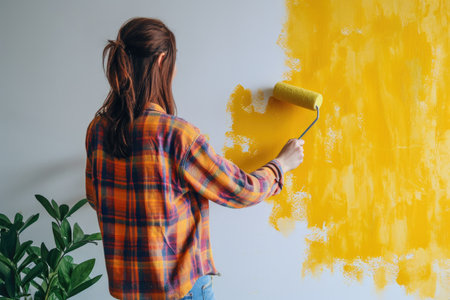 The girl gives the wall a bright yellow tint using a paint roller.の素材