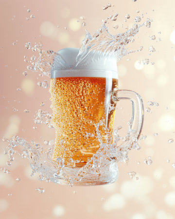 A mug of fresh beer in an airy whirlwind with expressive splashes on a light backgroundの素材