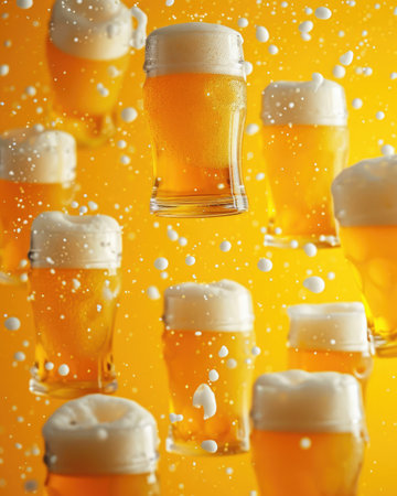 Glasses of beer floating on bright yellow background with splashes.の素材