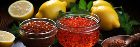A juicy combination of red caviar and fresh lemon on a stylish banner.の素材