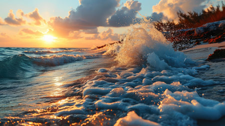 Foam-covered sea waves create a mesmerizing view near the shore at sunsetの素材