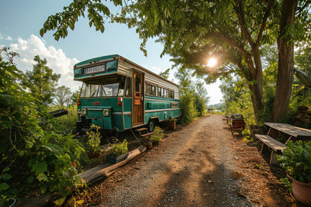 A photo of a cozy travel trailer that provides freedom and convenience in road adventures to enhance the travel experience.の素材