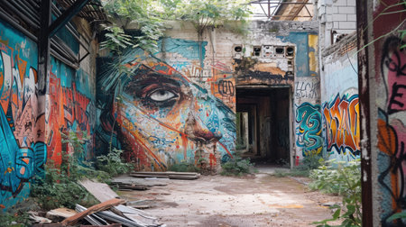 Photos of streets with colorful graffiti on the walls, enlivening the atmosphere and adding bright colors to the small streets of the city.の素材