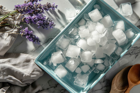 Photo of ice cubes on a light background, symbolizing coolness, freshness and minimalism among natural beauty and elegance.の素材