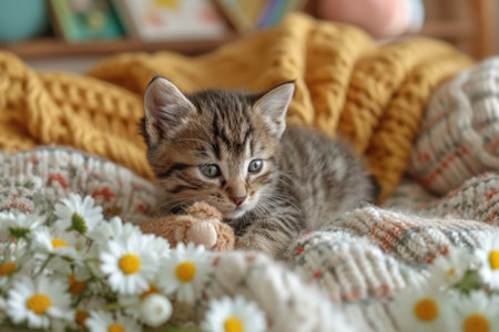 The kitten relaxes relaxed on warm, knitted clothes, radiating calm and peace.の素材