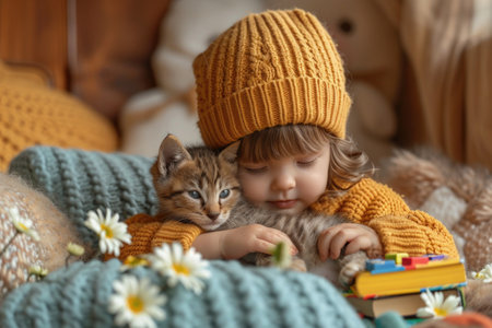 Little child carefully playing with kitten at homeの素材
