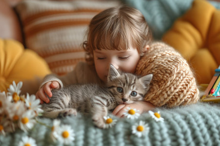 Little child carefully playing with kitten at homeの素材