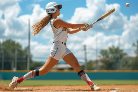 Active baseball game: a girl confidently hits the ball.の素材