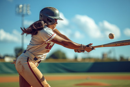 Girl baseball player at the moment of kicking the ball.の素材