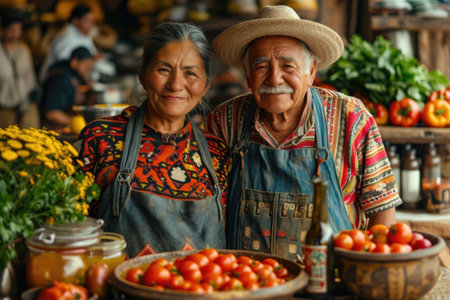 Pensioners selling fresh vegetables at Mexican marketの素材