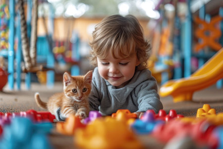 Children's fun and affectionate games with a furry friend in a cozy playroomの素材