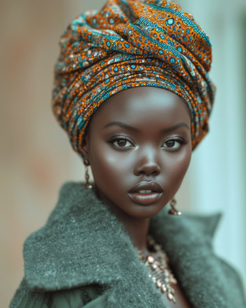 Elegant African American Woman in Impressive Turban in Portrait.の素材