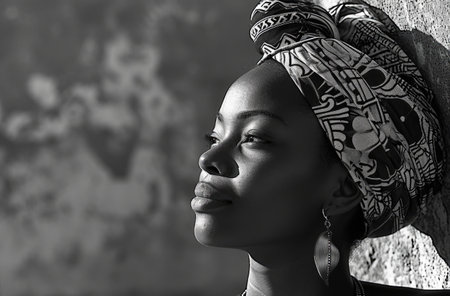 Black and White Portrait of Amazing African American Woman in Traditional Headband.の素材