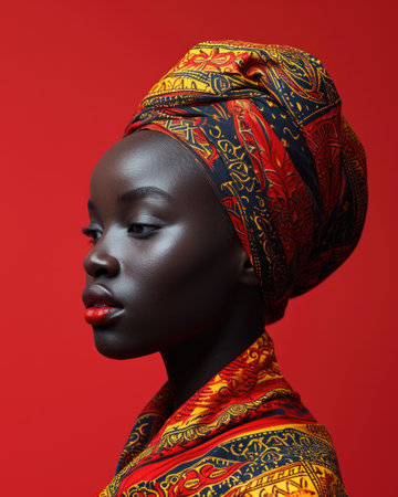 Graceful African American Woman, Portrait in Bright Turban on Red Background.の素材