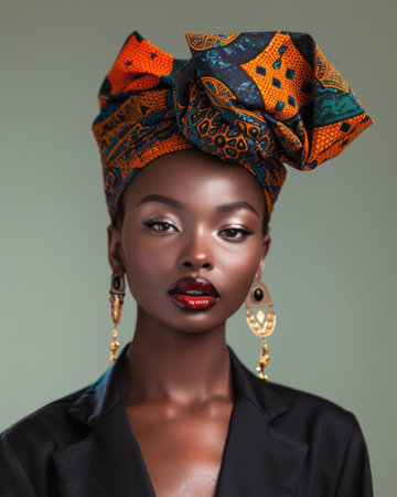 Graceful portrait of stylish African American woman in amazing African turbanの素材