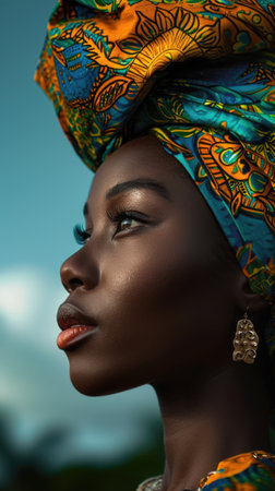 Graceful portrait of stylish African American woman in amazing African turbanの素材