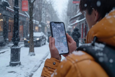 Guiding Mobility: Man Navigates Snowfall Using Smartphoneの素材
