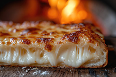 Eye-catching shot: juicy slice of pizza with Italian herbs and cheese on wooden tray.の素材
