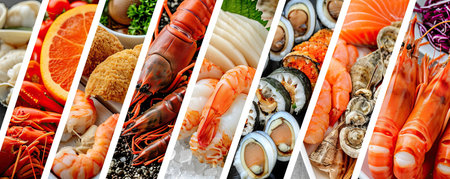 Collage of fresh seafood, crabs, mussels, oysters, shrimp and sea bass.の素材