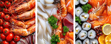 A juicy and varied seafood collage inspired by the sea.の素材