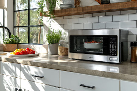 Vegetables are cooked in a modern microwave in a stylish kitchenの素材