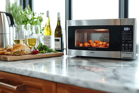 Vegetables are cooked in the microwave in the stylish kitchen.の素材