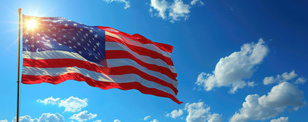 The American flag shines against a clear blue sky.の素材