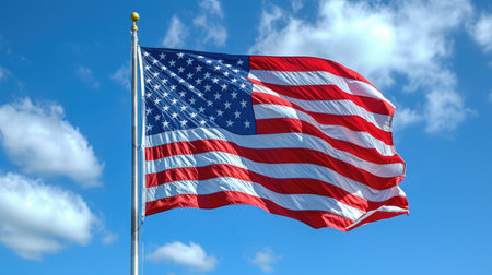 The US flag flies under a beautiful blue sky.の素材