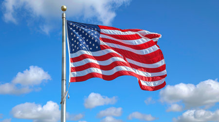 The US flag flies under a beautiful blue sky.の素材