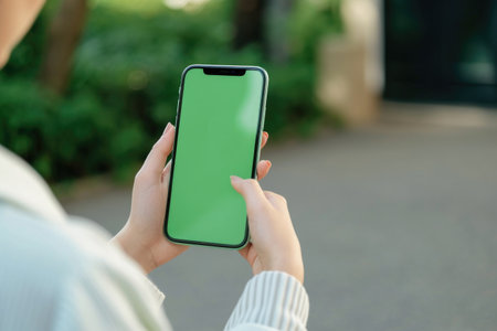 Girl looking at phone, green screen for mockup.の素材