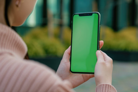 Girl looking at phone, green screen for mockup.の素材
