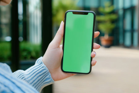 Young woman looking at phone with green screen.の素材