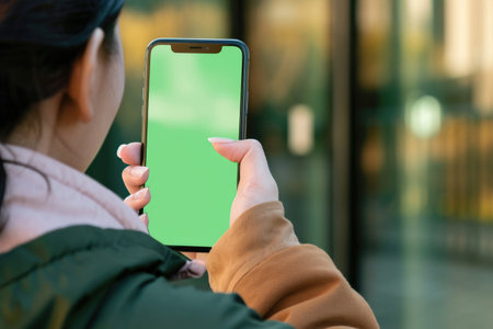 Young woman looking at phone with green screen.の素材