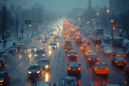 Thick huge traffic jam of cars in the city: long queues of cars and slow trafficの素材