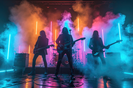 Energetic performance of a rock band on stage under bright neon lights and clouds of smokeの素材