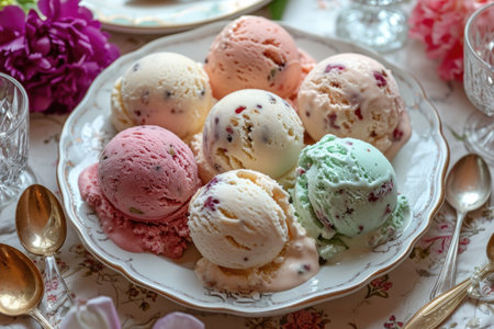 Assorted vegetarian ice cream laid out in scoops on a white plate.の素材