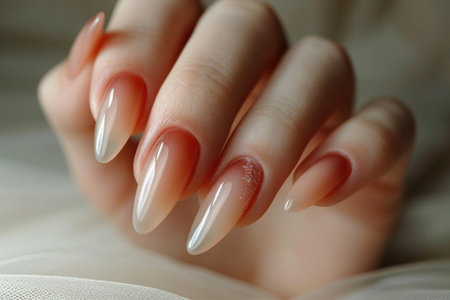 A delicate peach shade of nail polish that adds sophistication and eleganceの素材