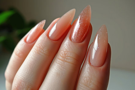 A delicate peach shade of nail polish that adds sophistication and eleganceの素材