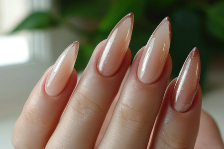 A delicate shade of peach manicure adds femininity and neatness to the imageの素材