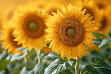 Bright yellow sunflower on green leaves background in natural beautyの素材