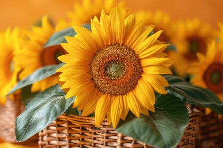 Bright yellow sunflower on green leaves background in natural beautyの素材